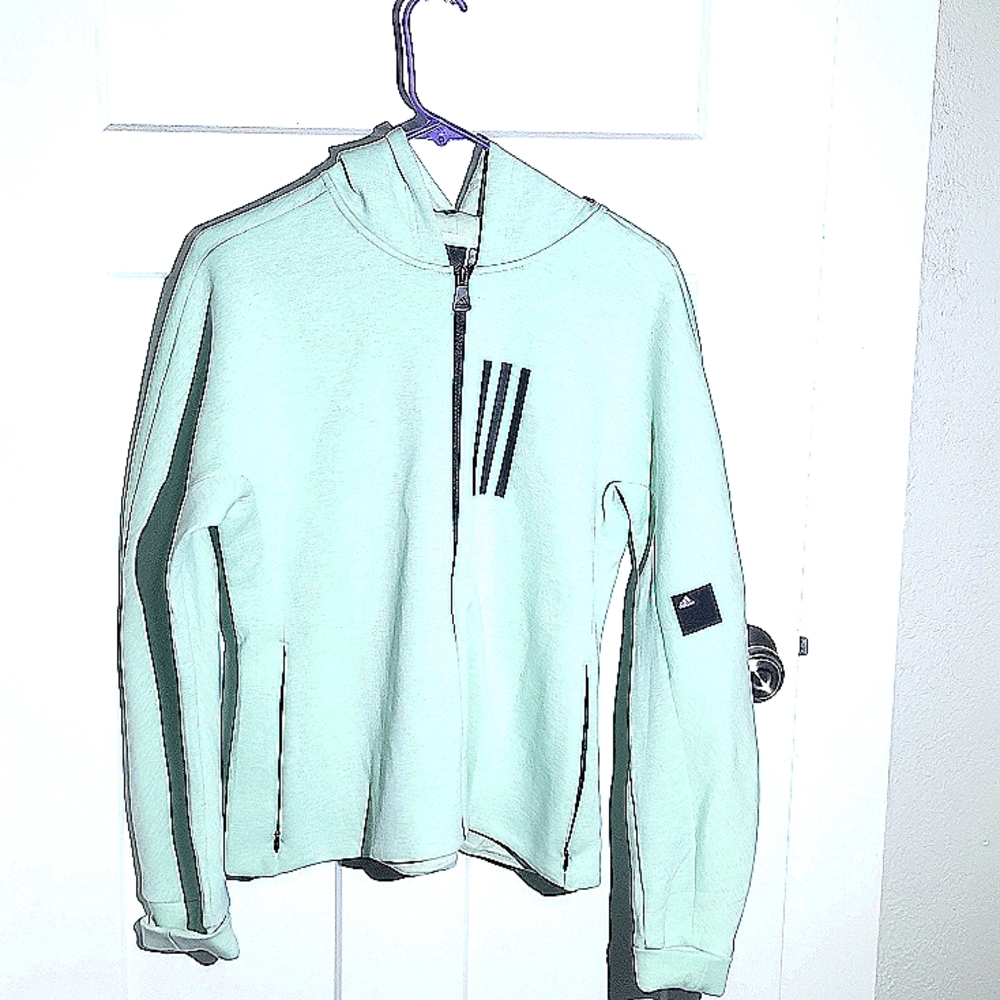 Adidas Womens Hoodie. Size Large, Color is Mint Green with black zipper & stripe